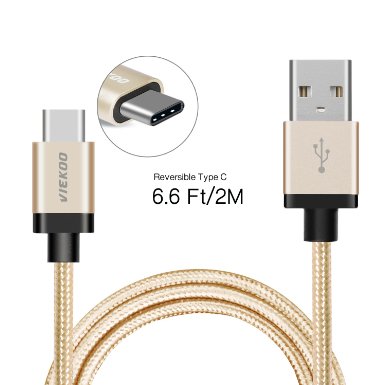 USB Type C to 2.0 USB Male Cable, VIEKOO 6.6Ft(2M) Nylon Braided Cable with Reversible Connector USB Charger for New Macbook 12 inch, ChromeBook Pixel,Lumia 950,Nokia N1 Tablet and Other Devices, Gold