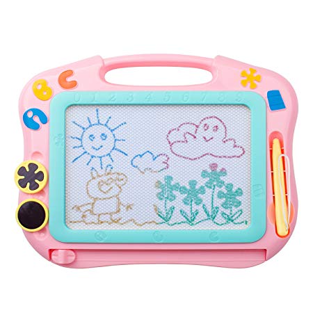 ikidsislands IKS85P [Travel Size] Color Magnetic Drawing Board Kids & Toddlers - Non Toxic Mini Magna Sketch Doodle Educational Toy Girls 1 Pen & 2 Stamps (Pink)
