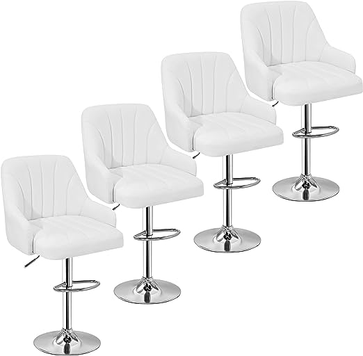 VECELO Bar Stools Set of 4, Adjustable Barstools, Counter Height Stools with Back and Arm, Kitchen Island Stools, Swivel PU Chairs for Pub, Dining Room, Modern Style, White