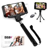 Selfie Stick EEZ-Y Battery Free Self Portrait Monopod w Built-in Shutter and Adjustable Phone Holder for iPhone Samsung Sony LG Smartphones - Best Value Bundle w Flexible Tripod and Bluetooth Remote
