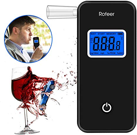 Breathalyzer, [FDA Certification] Rofeer Digital Blue LED Screen Portable Breath Alcohol Tester with 5 Mouthpieces for Drivers Or Home Use, Auto Power Off, Sound Alarm, Current Temperature Display