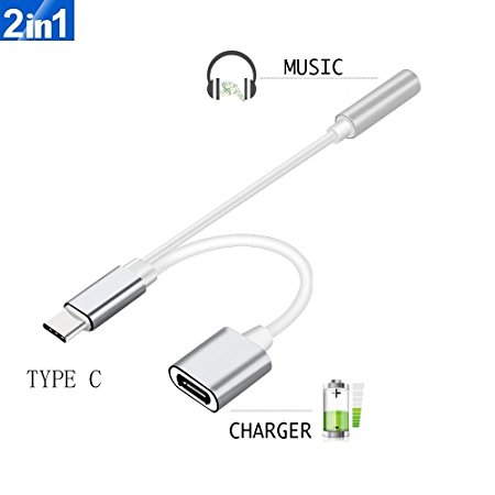 2 in 1 USB C Type C to 3.5mm Headphone Audio Aux Jack & Charge Adapter Cable Converter for Motorola Moto Z, Letv Le Pro 3, Other Mobile Phone That Without 3.5mm Audio Jack (Not Support HTC) (Silver)