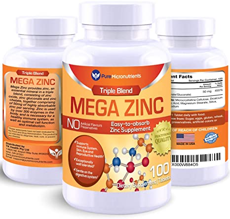 Mega Zinc Supplement, 50mg - 3-in-1 Zinc Complex - 100 Tablets - Pure Micronutrients