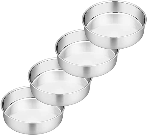 6 Inch Cake Pans Set of 4, Round Baking Pan, P&P CHEF Stainless Steel Birthday Wedding Metal Layer Cake Pans, Non Toxic & Healthy, Mirror Polished & Dishwasher Safe