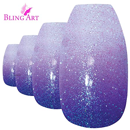 Bling Art Ballerina False Nails Purple Gel Ombre Coffin 24 Fake Acrylic Tips