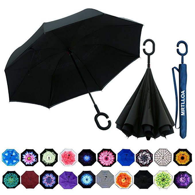 MRTLLOA Double Layer Inverted Umbrella with C-Shaped Handle, Anti-UV Waterproof Windproof Straight Umbrella for Car Rain Outdoor Use