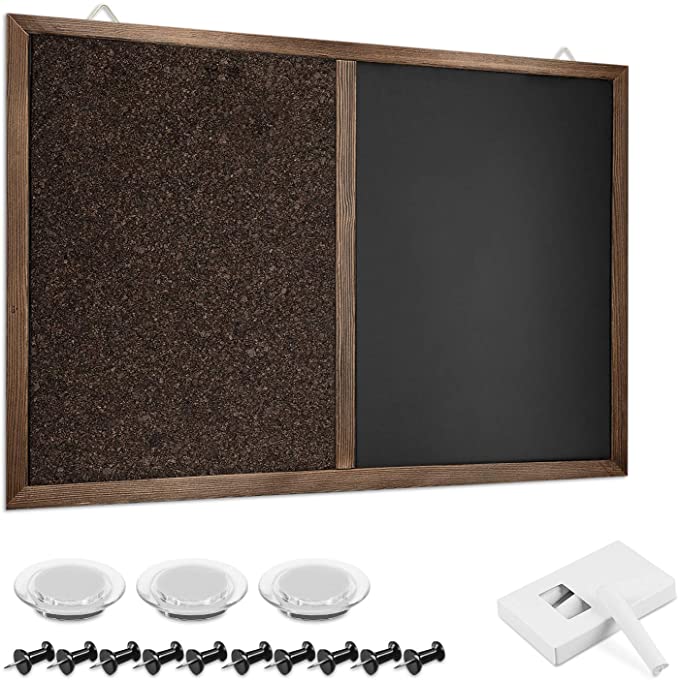 Navaris Combination Chalk and Cork Board - 24 x 36 in Magnetic Chalkboard Combo Wood Frame Wall Bulletin Board - Includes Chalk, Push Pins, Magnets