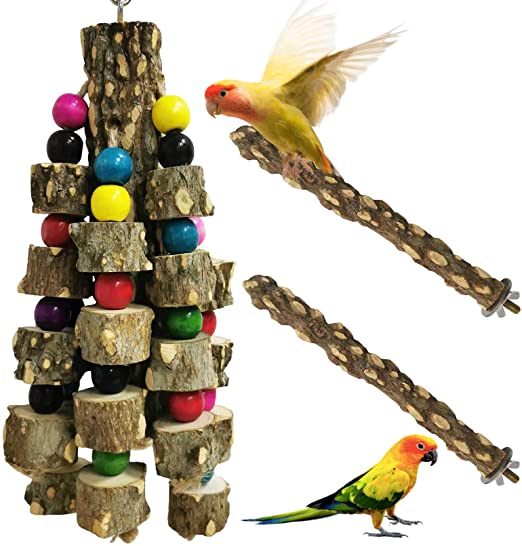 kathson Natural Wood Bird Chewing Toys Hanging Wooden Blocks Toys Parakeet Standing Sticks Parrot Paw Grinding Toy for Finch Budgie Parakeets Cockatiels Conures Love Birds and Amazon Parrots 3PCS