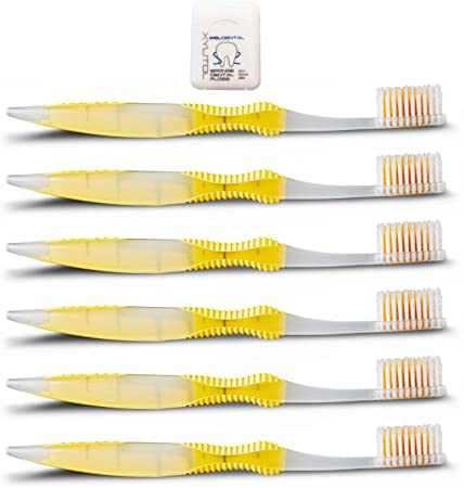 Sofresh Flossing Toothbrush, Choose Color and Quantity, Adult Size Soft (6, Yellow) | Bundle with (1) WELdental Xylitol Dental Floss Travel Size