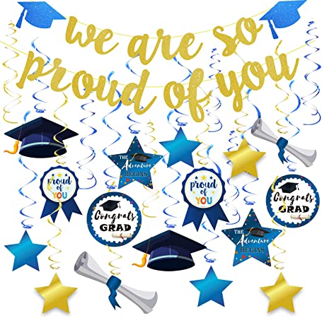 2021 Graduation Decorations,Navy Blue and Gold Hanging Swirls,Gold Glitter We Are So Proud of You No DIY Required Banner Garland for Grad Party Decoration Supplies Set By Forcemaxe