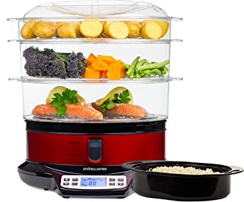 Andrew James 3 Tier Electric Food Steamer with Rice Dish, 9L, Red and Black, LCD Digital Display, 6 Pre-set Functions, Water Level Indicator, Includes Recipe Suggestions