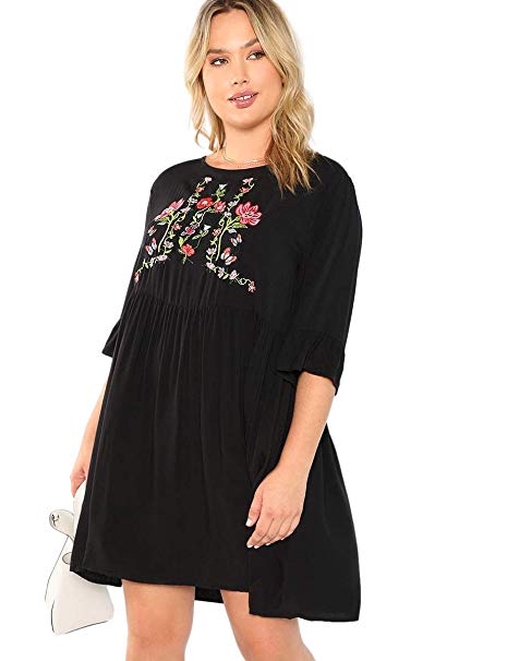 Romwe Women's Plus Size Ruffle Short Sleeve Floral Lace Loose Tunic Swing Dress