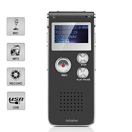 Digital Voice Recorder,8GB Capacity Digital Rechargeable Audio Recorder Dictaphone with MP3 Player for Recording Lectures, Meetings, Conversation and Interviews by Ashipher