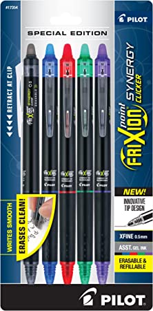 PILOT Frixion Point Synergy Clicker Retractable & Erasable Gel Ink Pens, 0.5mm Extra Fine Point, Assorted Colors, 5-pack