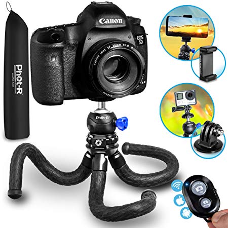 Camera Phone Flexible Tripod, Phot-R Octopus Tripod Ball Head Travel Anti-Crack Mount Mobile Smartphone DSLR Gorillapod & Bluetooth Remote Control for GoPro Action Camera iPhone Samsung Android Holder