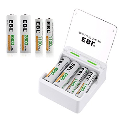 EBL USB Charger with AA 2800mAh (4 Pack) and AAA 1100mAh (4 Pack) Ni-MH Rechargeable Batteries