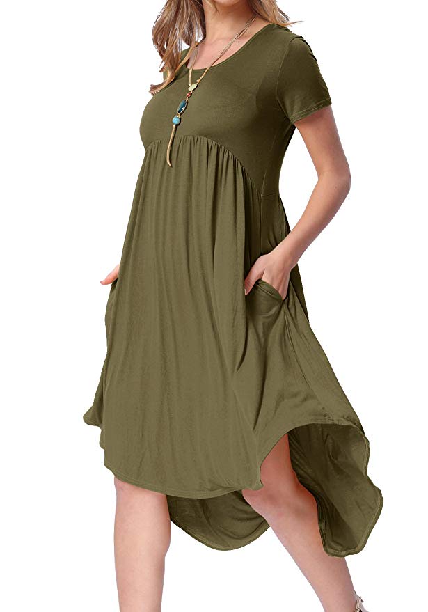 levaca Women's Scoop Neck Pockets High Low Pleated Loose Swing Casual Midi Dress