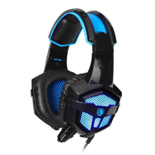 Gaming Headphones,Sades SA-738 3.5mm USB Plug Lightweight Over Ear PC Headset with Microphone PU Ear-pad for Gamers Laptop PC MAC Laptop Retail-Box Packaging by AFUNTA--Black/Blue