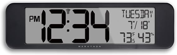Marathon UltraWide Atomic Wall Clock, Black - Large, 14-Inch Panoramic Display - AM/PM or 24-Hour Time Format, Eight Time Zones, Indoor Temperature & Humidity - Two AA Batteries Included