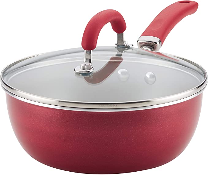 Rachael Ray 12159 Create Delicious Nonstick Fry Saute Purpose Pan with Lid, 3 Quart, Red Shimmer