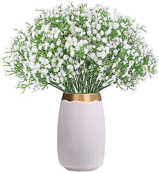 CHAMER 16 Pcs Baby Breath Artificial Flowers Fake Gypsophila Bouquets Fake Real Touch Flowers for Wedding Party Home Decoration（White）