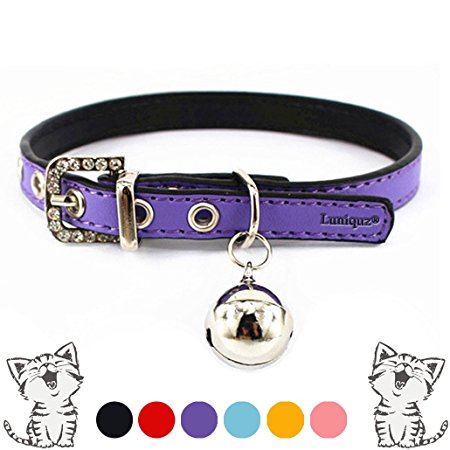 Cat Collars with Bell, Luniquz, Kitty Collar Buckle, Soft Leather with Crystal, Adjustable Fit 8.6"-10.2"