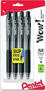 Pentel WOW! Retractable Ballpoint Pens, Medium Line, Black Ink, 4 Pack (BK440BP4A)