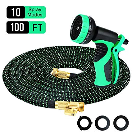 Powsure 100ft Garden Hose-Flexible and Expandable Water Hose,Double Latex Core, 3/4 Solid Brass Fittings, Extra Strength Fabric, No-Kink Expanding Hose with Metal 10 Function Spray Nozzle