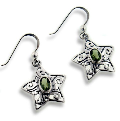 Genuine Green Moldavite Scrollwork Sterling Silver Star Hook Earrings