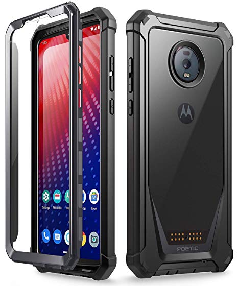 Moto Z4 Rugged Clear Case, Poetic Full-Body Hybrid Shockproof Bumper Cover, Built-in-Screen Protector, Guardian Series, Case for Motorola Moto Z4 (2019 Release), Black/Clear
