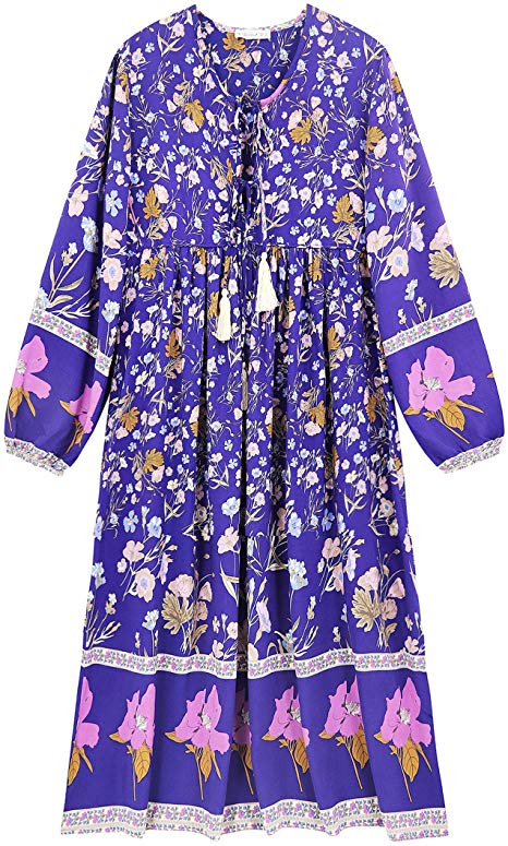 R.Vivimos Women's Long Sleeve Floral Print Retro V Neck Tassel Bohemian Midi Dresses