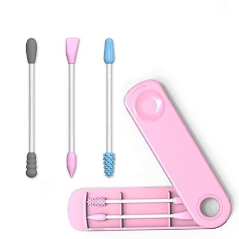 Upgraded Version ATETION Cotton Swab Portable Silicone Swab,Cleanable for Ear,Cleaning Beauty Treatment Makeup,Reusable Cotton Buds with Dust-proof Case(2 package,4 Swabs,6 functions) (Pink)