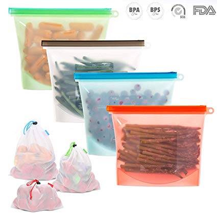 Reusable Silicone Food Preservation Bags, Storage Container Bag for Freeze, Steam, Microwave, Cooking, Lunch, Snack, Sandwich (4pack 1L Silicone Bags  3pcs Reusable Mesh Bags)