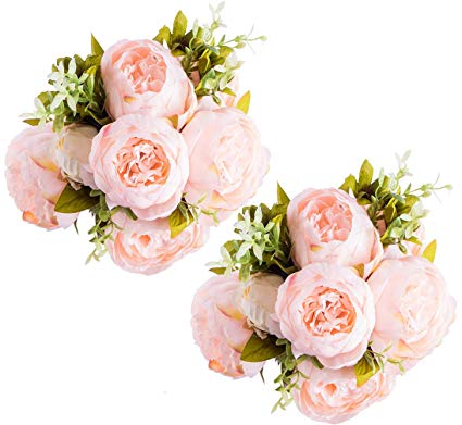 Foraineam Peony Artificial Flowers Home Centerpiece Decor Silk Fake Peonies Wedding Bouquets, Pack of 2 (Spring Pure Pink)