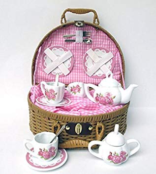 Delton Laura Rose Porcelain Tea Set with Basket 14 Piece Set