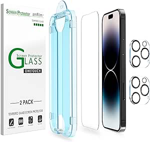 [2 2 Pack] amFilm OneTouch for iPhone 14 Pro Max 6.7" Glass Screen Protector with Camera Lens Protector. Easiest to Installation, Bubble Free, Full Coverage Case Friendly