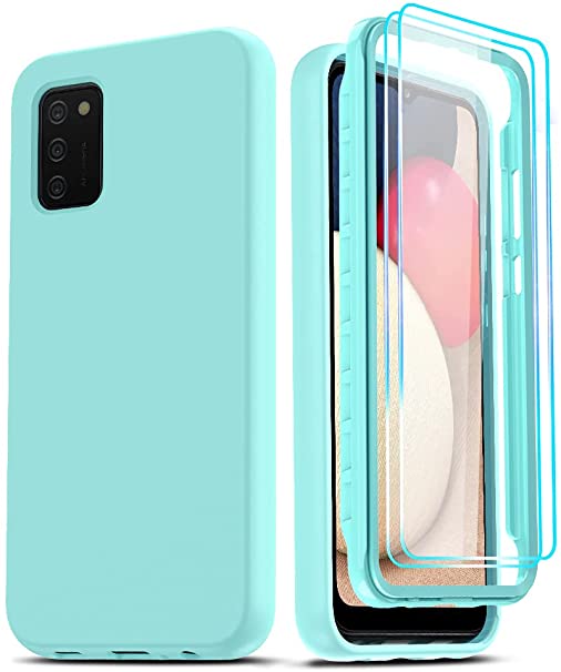 LeYi Samsung Galaxy A02S Case, Samsung A02S Case with [2 x Glass Screen Protector] for Women Girls, Full-Body Shockproof Soft Liquid Silicone Hybrid Protective Phone Case for Galaxy A02S, Mint