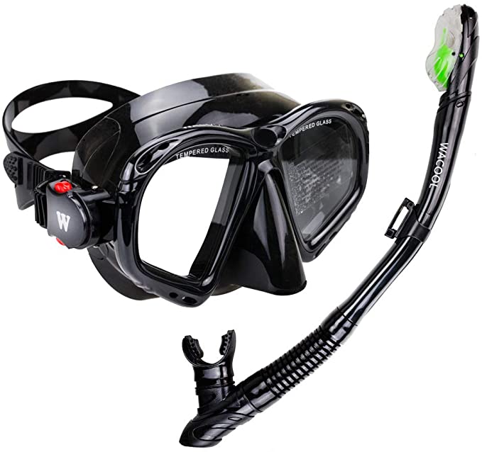 WACOOL Snorkeling Package Set for Adults, Anti-Fog Coated Glass Diving Mask, Snorkel with Silicon Mouth Piece,Purge Valve and Anti-Splash Guard