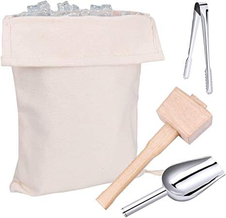 Homgaty Canvas Ice Bag and Wooden Mallet for Ice Crushing,Stainless Steel Ice Scoop and Ice Tongs for Ice, Kit & Bar Tools Kitchen Accessory