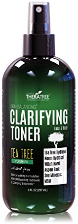 Clarifying Toner with MSM, Tea Tree & Neem Hydrosol, Acne Control for Face & Body - Natural Pore Reducer Controls Oil to Smooth, Tone, Balance & Hydrate Skin, Sodium PCA - 8 oz