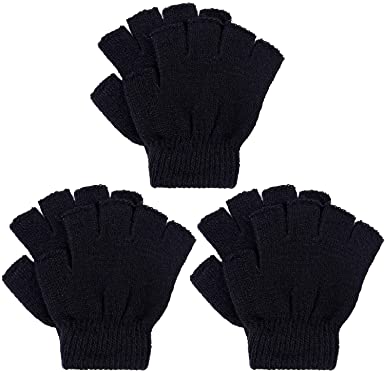 Cooraby 3 Pairs Unisex Kids Fingerless Winter Gloves Stretchy Knitted Half Finger Mittens Typing Gloves