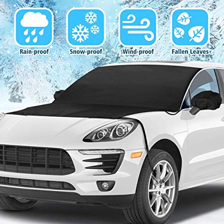Tvird Car Windscreen Cover, Car Windscreen Frost Cover with Two Mirror Covers, Windshield Snow Ice Cover Elastic Hooks Windproof Design Will Not Scratch Paint,Fits Most Cars, SUVs, Trucks (215x125cm)
