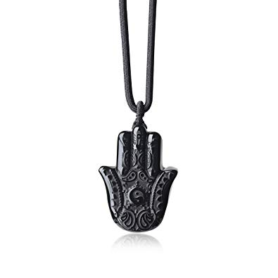 COAI Black Obsidian Stone Hand of Fatima Pendant Necklace