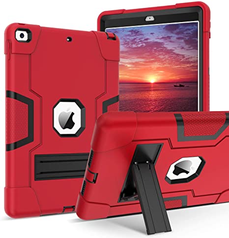 iPad 10.2 Case 2020 8th Generation, iPad 7th Generation Case 2019,DUEDUE Kickstand Shockproof 3 in 1 Heavy Duty Hybrid Hard PC Cover Anti-Slip Rugged Full Protective Case for New iPad 10.2 for Women Girls Kids, Black/Red