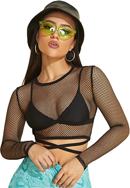 Milumia Women's Sheer Fishnet Mesh Crisscross Tie Long Sleeve Crop Tee Tops