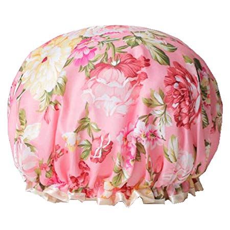 Fashion Design Stylish Reusable Shower cap with Beautiful pattern and color (Adult Size, Pink(Rose))