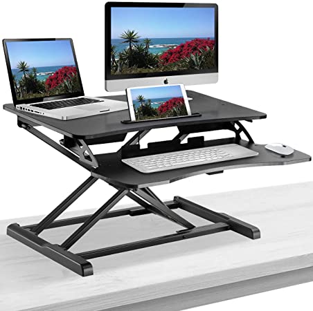 Elitech Adjustable Sit to Stand Desk Gas Spring Riser Converter With keyboard Tray, Ergonomic Tabletop Workstation for Desktop and Laptop Computers. Height Adjustable Standing Desk Converter