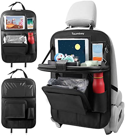 【Newest Version】Tsumbay Car Back Seat Organizer with Trash Can PU Leather Car Storage Organizer with Foldable Table Tray,Touch Screen Tablet Holder,Car Back Seat Protectors Kick Mats for Kids-1 Piece