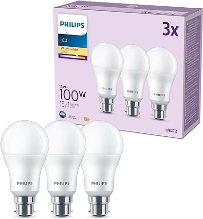 PHILIPS LED Frosted A60 Light Bulb 3 Pack [Warm White 2700K - B22 Bayonet Cap] 100W, Non Dimmable. for Home Indoor Lighting