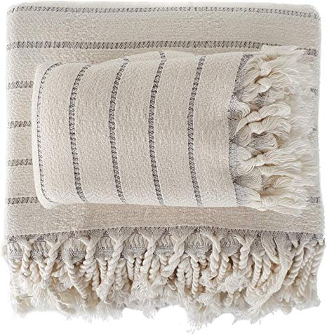 The Loomia Turkish Bath and Hand Towel Set of 2 - Deniz Series Made of Bamboo & Cotton (Extra Large Size, Cream Base Grey Stripes)